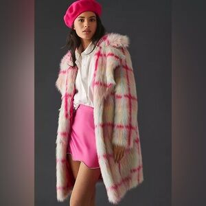 NVLT Anthropologie Hot Pink Faux Fur Plaid Ken Barbie Coat XS NWT